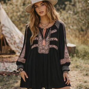 Free People Wind Willow Embroidered Boho Mini Dress Black M Tassel V Neck